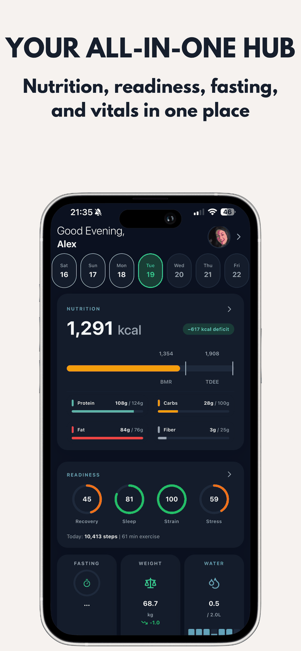 Your all-in-one hub: nutrition, readiness, fasting and vitals in one place, shown on the Zora home screen.